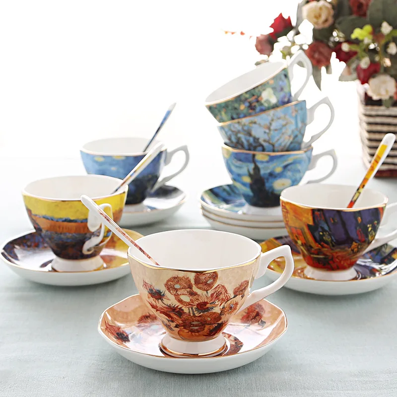 220 250ml Custom Fine Bone China Hand Painted Art Painting Coffee Mug Set Garden Party Ceramic Tea Cup With Saucer Van Gogh Cups