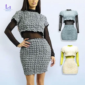 Huili Manufacturer Oem Puff Top & Skirt One Piece Mini Dress Set Women Bodycon 2025 Fashion New Design Crew Neck Custom Dress