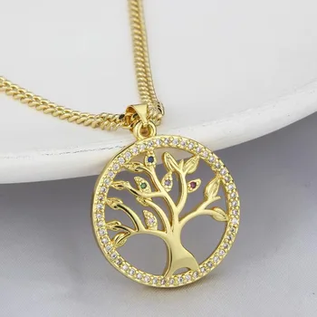 Gold Plated Round Circle Color Zircon Diamond Tree Of Life Pendant Necklace