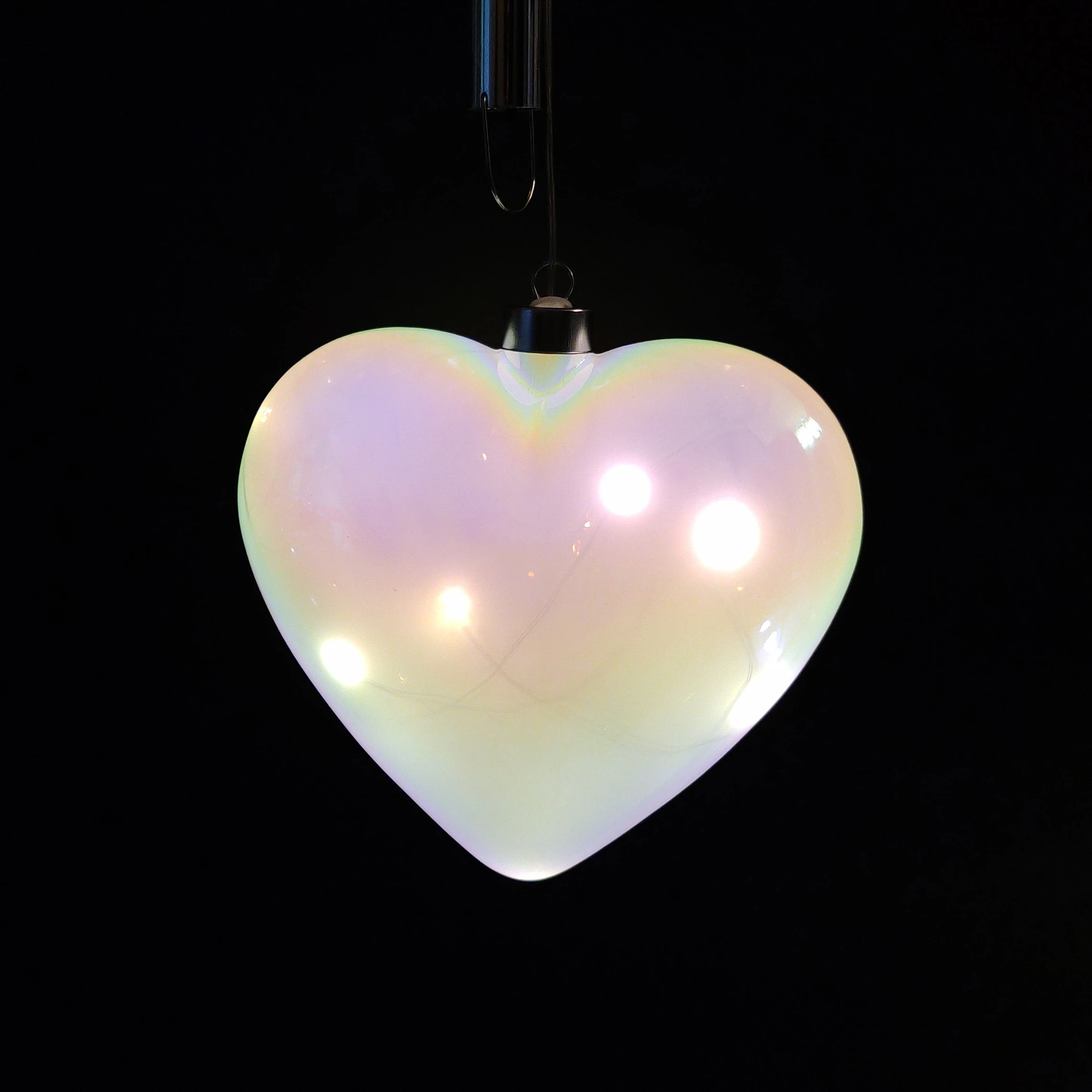 Christmas blown glass heart hanging ornament white iridescent coating color with battery operated warm white decoration