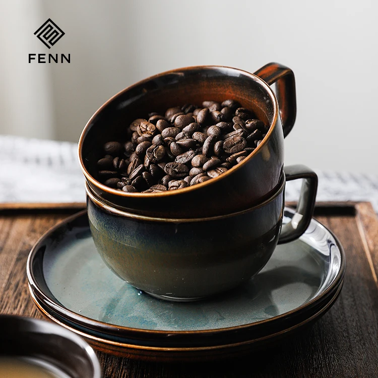 product fenn high quality and nice design green ceramic home coffee cups set 250ml mugs vintage style coffee cup and saucer for gift481-61