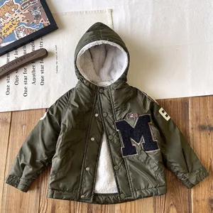 Custom Japanese-style Vintage Children's Winter Coat with Hooded Emblem and Fleece Clothes for Kids