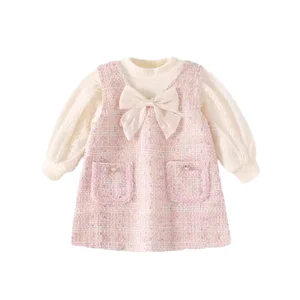 Customizable Spring New Design Elegant Bows Girls Dresses Long Sleeve Princess Kids Dresses With Velvet