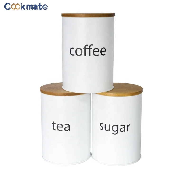 Coffee Tea Sugar Set of 3 Pack Metal Kitchen Canister Set White Food Storing Tin with Bamboo Lid