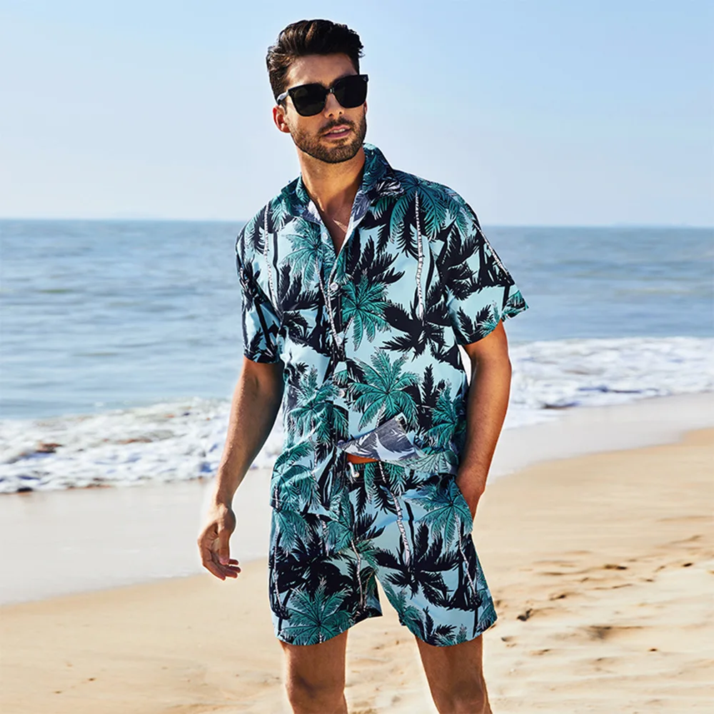 Summer Plus Size Mens Clothes Set Short Sleeve Floral Shirt Vacation Resort Hawaiian Shorts Two Piece Man Print Beach Shirts Set