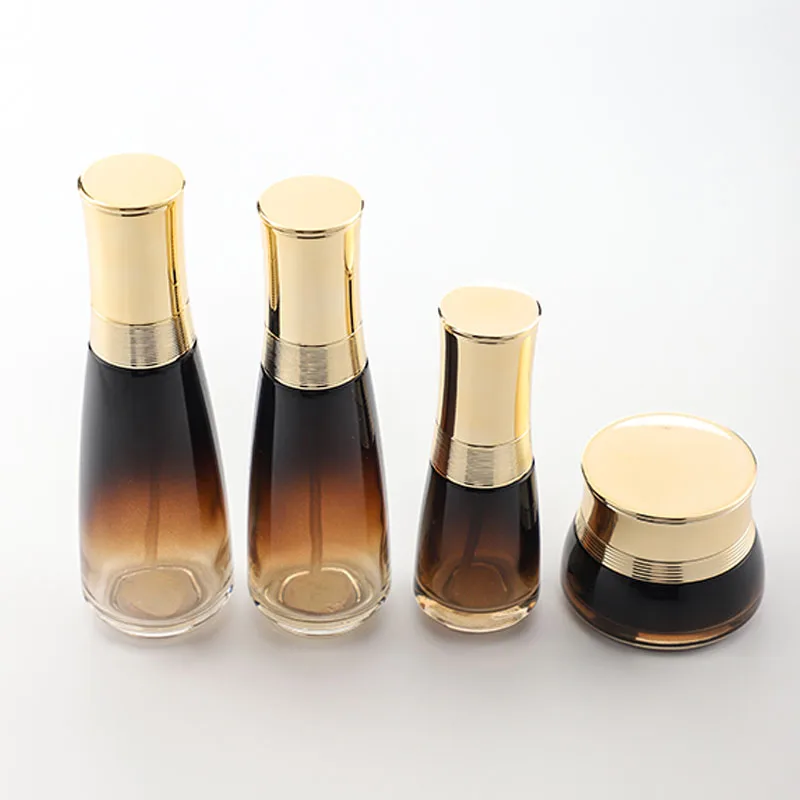 Cosmetic glass bottle set -- luxury skincare  packaging container manufacturer--new design with pump&spray&gold cap