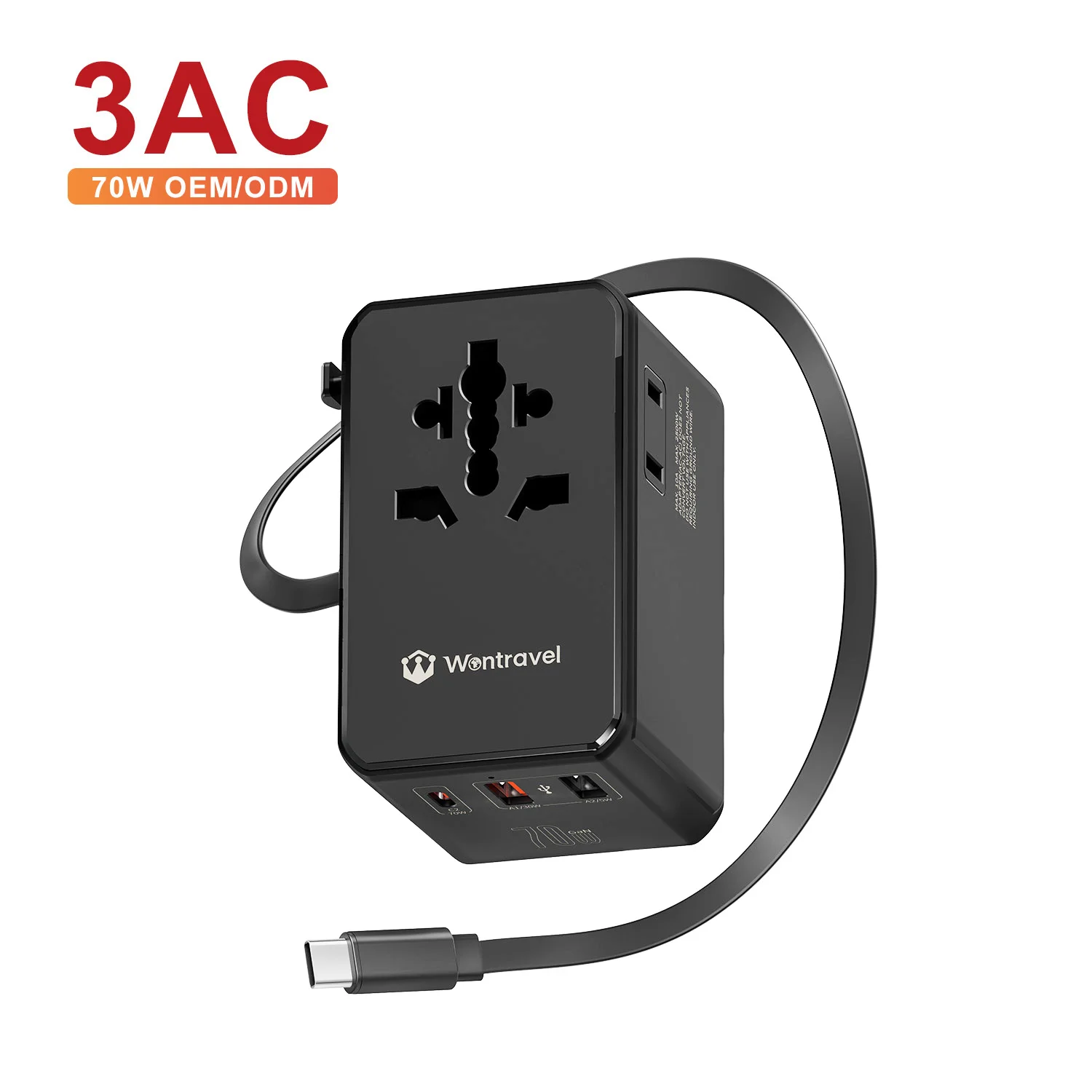 Wontravel Universal Travel Adapter Built in 70W Retractable Cable  with 3 AC Sockets for Laptop