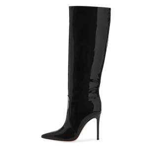 Trending Black Shiny Patent Leather Ladies Pointed Toe Thin Heel Knee High Boots Winter Women Long Boots Female Shoes