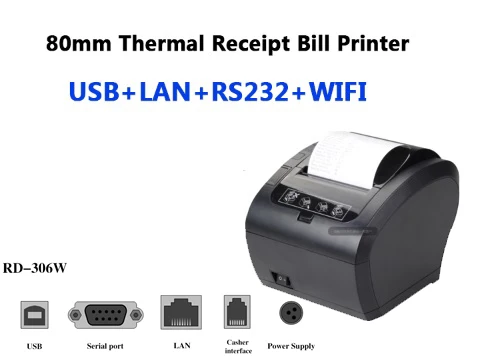 KR-306L Imprimante thermique de reçus USB + LAN 80 mm haute vitesse 300  mm/s POS avec tiroir-caisse à coupe automatique, commande ESC/POS pour  Windows/Mac/Linux, imprimante de cuisine de restaurant