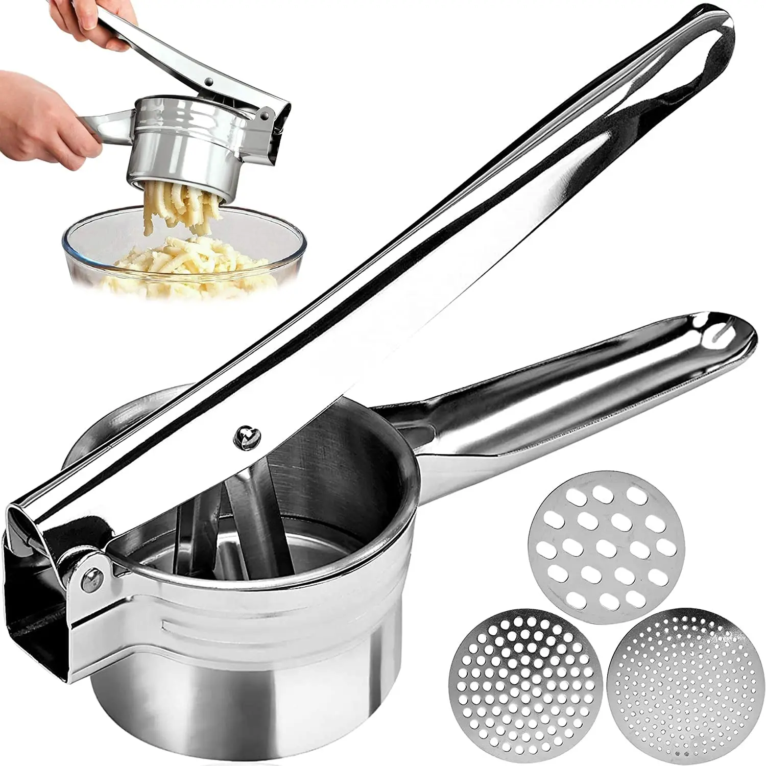 Large Potato Ricer Stainless Steel, Potato Masher Stronger, with Longer Leverage Handles,3 Interchangeable Discs, Ricer Kitchen Tool-Mashed Potatoes