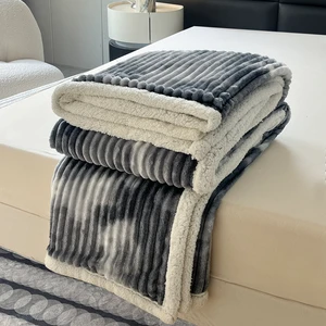 Cozy Microfiber Polyester Flannel Sherpa Blanket Solid Stripes Woven Bed Blanket for Home Use on Sofa Chair Soft Plain Style