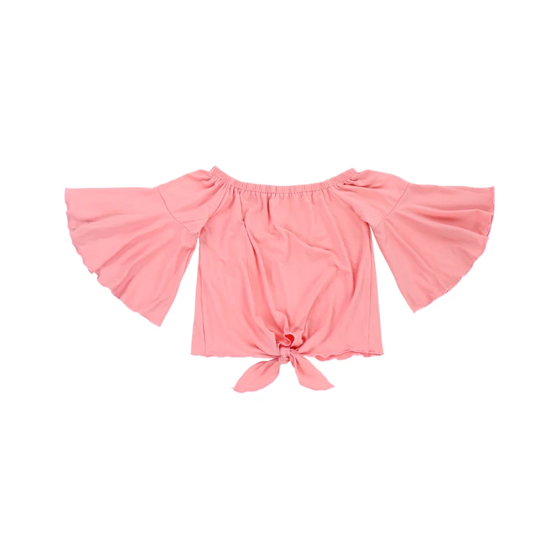 Детские футболки с рукавами-колокольчиками, однотонные футболки с открытыми плечами для маленьких девочек, топы для маленьких девочек с узелком и оборками