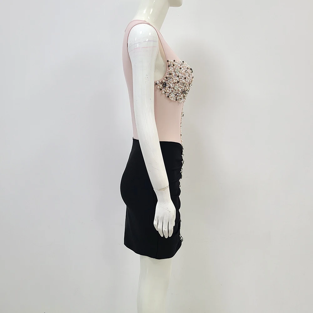 Best Quality Mesh Black Lovely Pink Rhinestones Sexy Tight Mini Dress ...