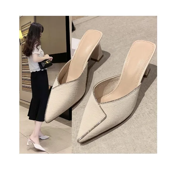 NEW Point Head Sandals with Diamond Summer Women's High-heeled Shoes with Thick Heels and Wrapped Half slippers