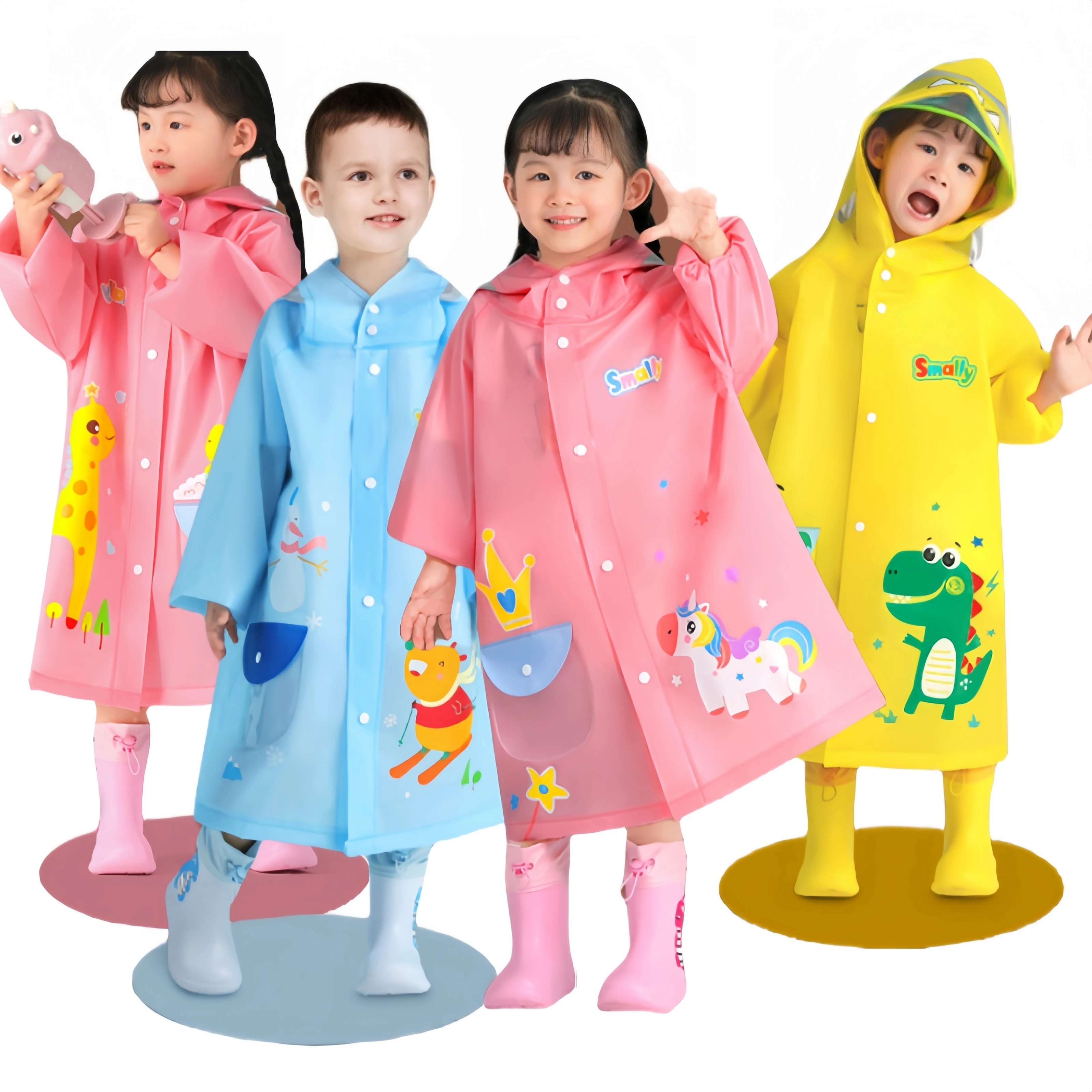 Thickened Wear-resistant Cartoon Kids Rain Poncho Hooded Oversize Raincoat with Reflective Tape for School Kindergarten Children