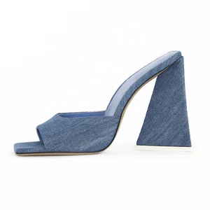 Trendy Evening Party Denim High Heel Shoes Summer Mules Square Toe Slippers Pyramid Heel Women High Heels Sandals