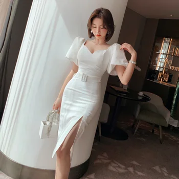 ZYHT 4234 New Arrival 2022 Ladies Puff Sleeve Slim Slit Dress White Casual Elegant Dresses for Women