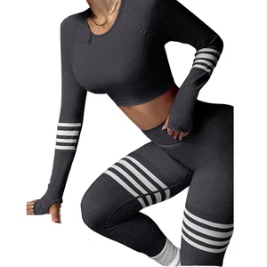 Custo Quick-Drying Breathable Women's Yoga Leggings-Long-Sleeved High Waist Elastic Waist Striped Tummy Control 2-Piece Front