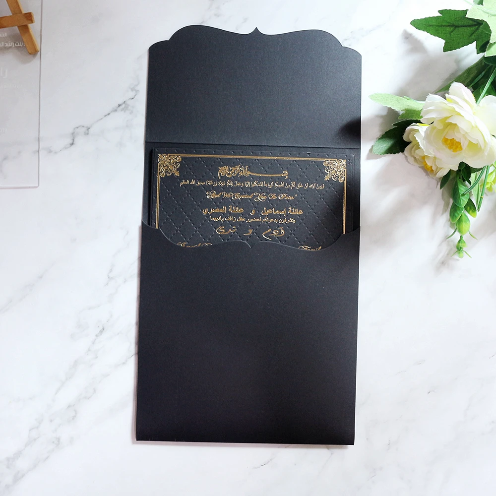 Chic Paper Board Invitation Pocket Style Black Wedding Invitation Card With Gold Foil and Envelope