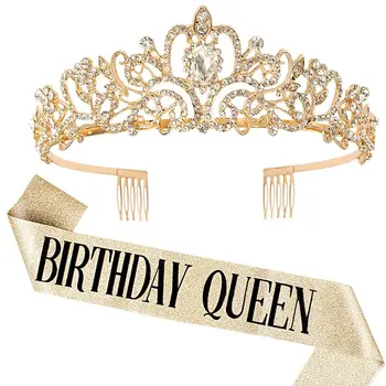 BIRTHDAY QUEEN Set Mit Krone & Schärpe – Glitzer Party-Deko Für Frauen & Mädchen | Kristall Strass Stirnband