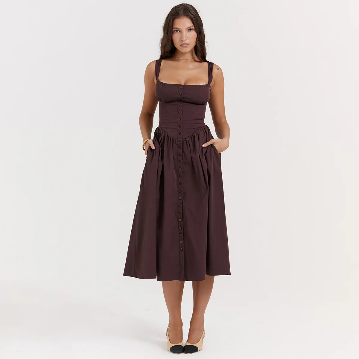 Sweet Summer Casual Dresses Slim Waist Lace up Pockets Hidden Zippers Midi  a Line Vacation Sundress