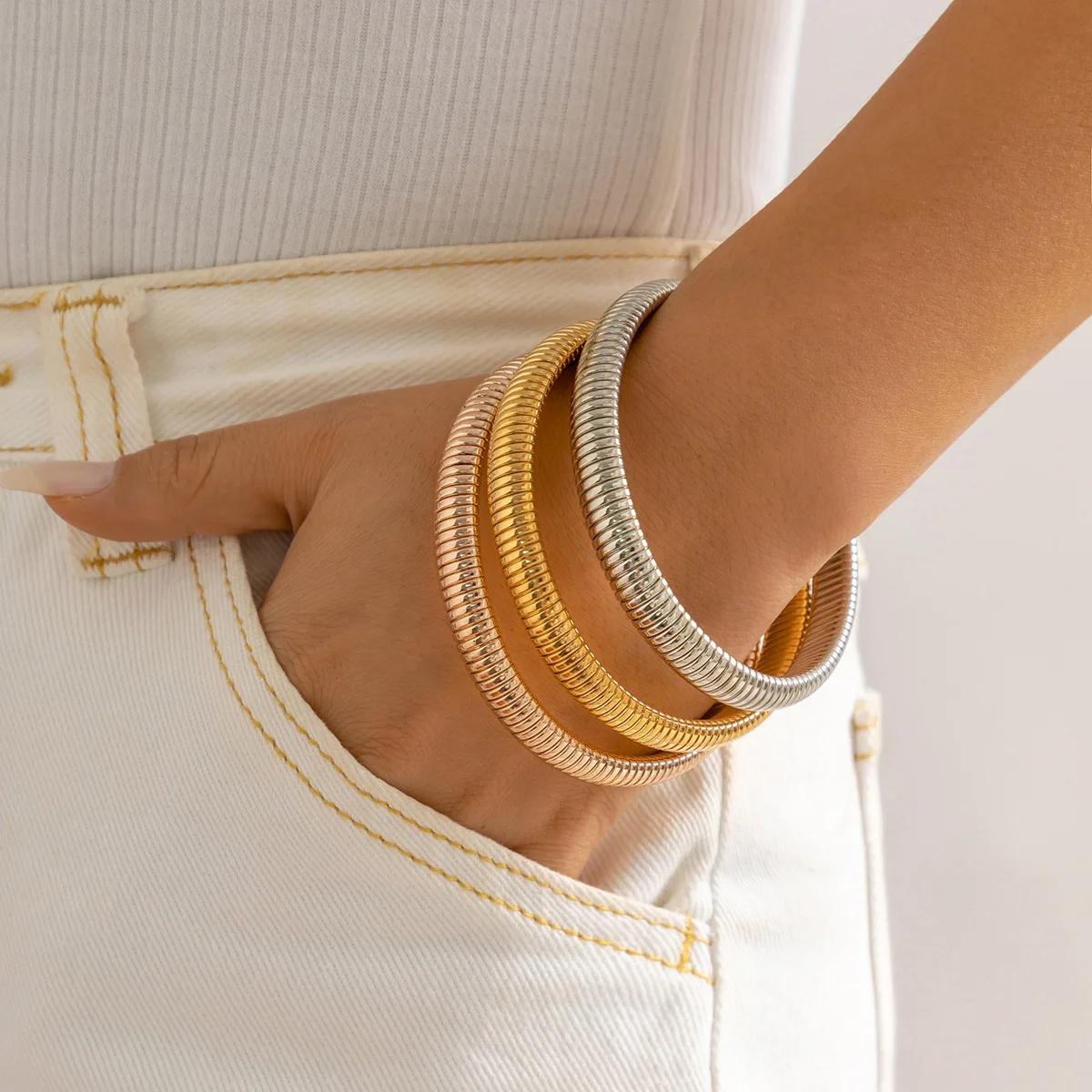 Trendy Gold Plated Mesh Bangle Elastic Band Bracelet Jewelry Stainless Steel Mesh Stretch Bracelets Women Bangle