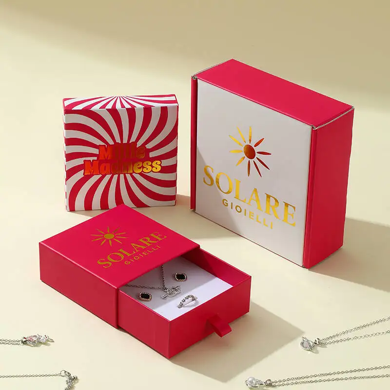 Custom Logo Square Paper Jewelry Gift Box Rigid Shipping Packaging for Necklace Ring Pendant Luxury Drawer Storage