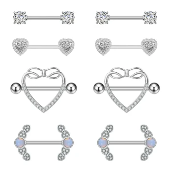 4Pair/Set Stainless Steel Love Bracket Breast Ring 6mm Zircon Inlaid Nipple Ring Ladies' Foundation Puncture Jewelry Wholesale