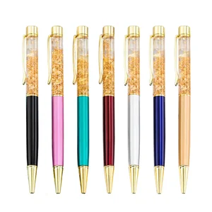 Custom Logo 24K Gold Glitter Floating Black Ink Ballpoint Pen Novelty Business Sports Banner Metal Pen for Gift Promotion