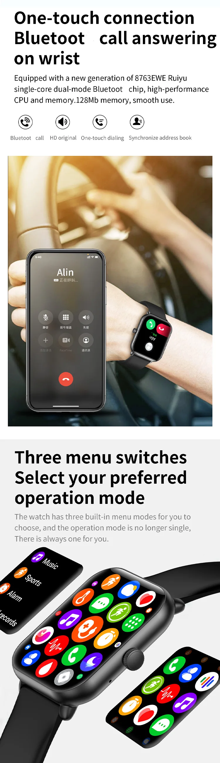 Touch screen smartwatch mobile phone talking sports wrist smart watch mobile phone connect BT calling smart watch