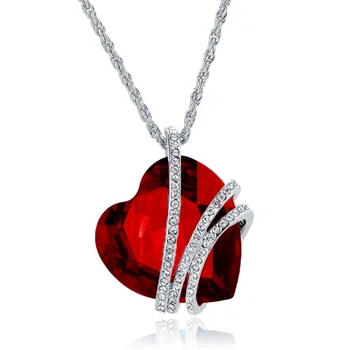PX1421 Jewelry for Woman Romantic Red Heart Pendant Necklace Beautiful Durable Alloy Silver Plated Crystal Heart Charm Necklace
