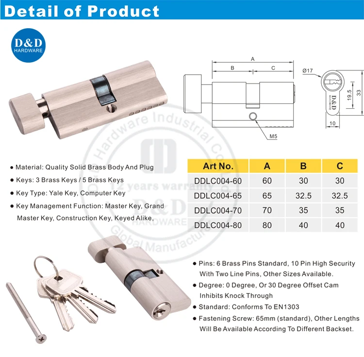 Thumb Turn Euro Cylinder Lock Euro Door Barrel Lock With 3 Keys