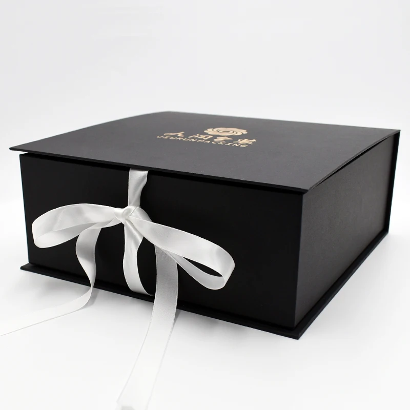 Recycled  Rigid Cardboard Paper Box Custom Logo Black Fold Luxury Magnetic Gift Boxes with Ribbon Closure details