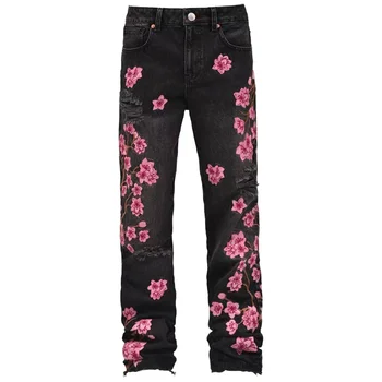 Men's Fashionable Embroidered Ripped Jeans Loose Straight Leg Denim Pants for Autumn Winter Outdoor Casual Hip-hop Mid Summer