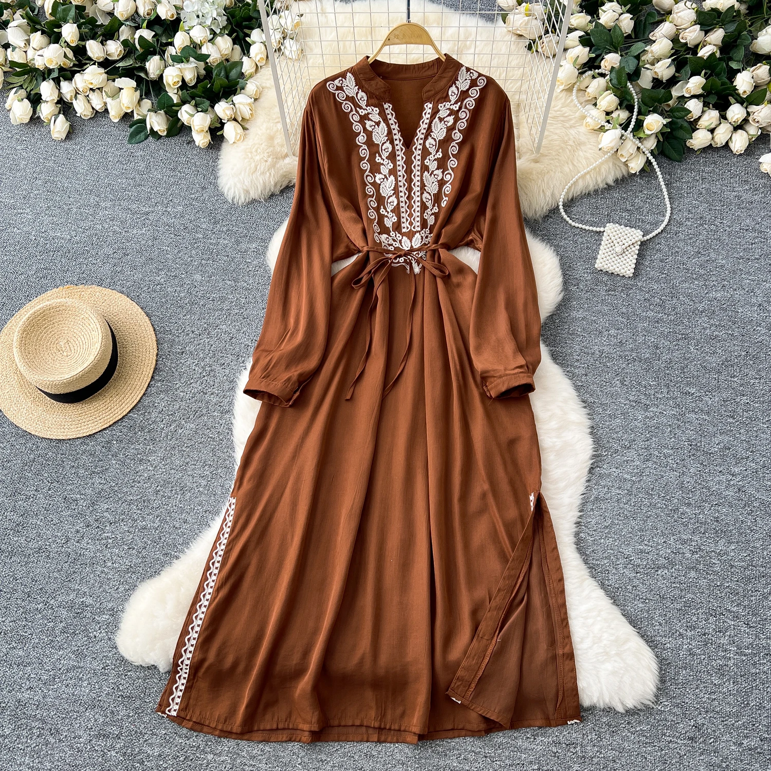Winter Vintage V-Neck Slit Tunic Slim Casual Midi Dress For Women