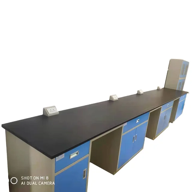 side bench with corrosion resistant surface with epoxy resin powder painted with reagent rack shelf with sockets and covers