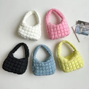 2026 New Korean Style Hobo Mini Hand Bag Women's Trend Clutch Plaid Macaron Color Nylon Puffer Handbag