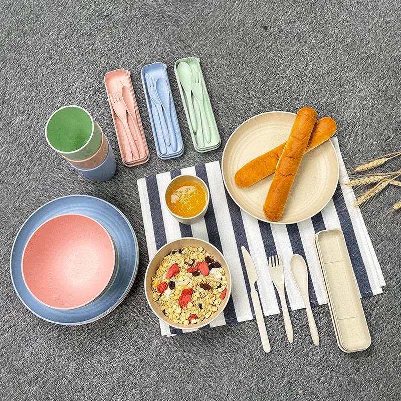 28 Pcs Unbreakable Camping Dishes Set Wheat Straw Plastic Bowl Plate