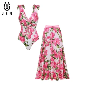 JSN 2026 New Design Customized Tie Shoulder Shirring Flower Print One Piece Swimsuit Beach Skirt v Neck Women's Two Piece Bikini