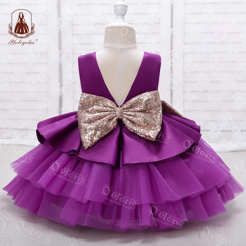 Yoliyolei оптовая продажа Одежда для младенцев летнее сатиновое многослойное Тюлевое официальное платье без рукавов с V-образным вырезом на спине девочек детское праздничное большим бантом