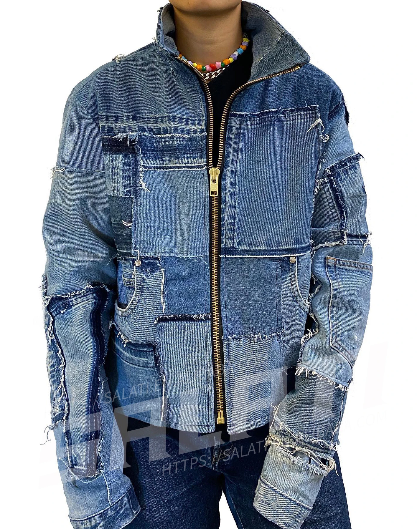 Custom Denim Jacket Patchwork Black Zip up Street Wear Denim Jacket Men gallery 2