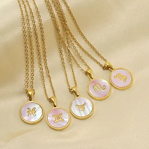 Manufacturer Bulk Women's Jewelry Custom Shell Charm Stainless Steel Gold Plated 12 Zodiac Pendant Necklace Minimalist Gift