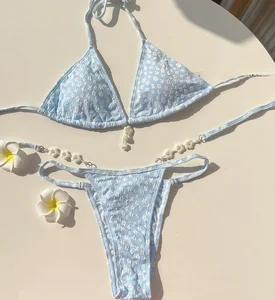 Designer Custom 2026 Women's High Waist Swimwear Jacquard Beaded Triangle Print Bikini Set Solid Two Piece Swimsuit