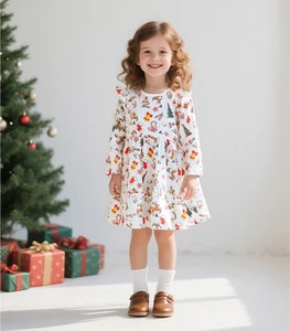 2026 NEW 100% Cotton Spring Autumn Children Girls Print Knee-Length Long Sleeve Ruffled Dress