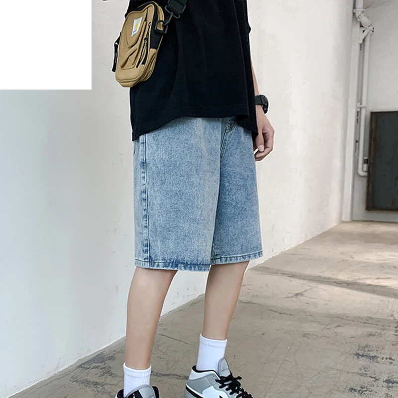 Herren Trendy Denim Shorts Sommer Neue Herren Elastische Taille Hellblau Lose Gerade Jeans Kurze pants139_voghion.com