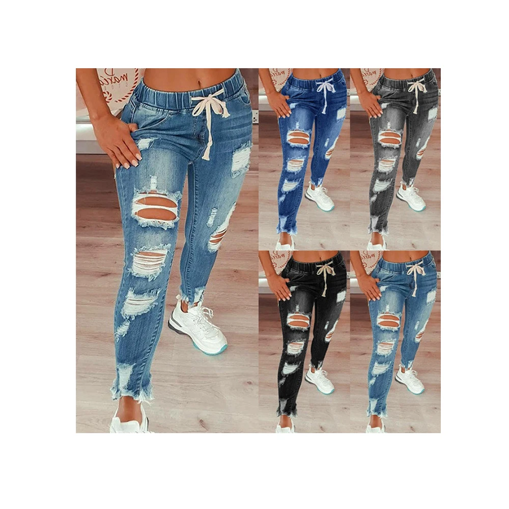 New Arrivals Plus Size Mid Waist Casual Washed Skinny Blue Denim Pencil Pants Ripped Distressed Women's Jeans