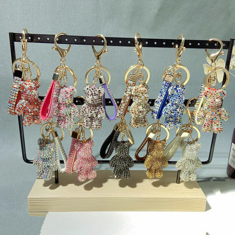 Hot Sale crystal Car Key Chain Woman Bag Pendant self defense Key Chain diamond bear keychain