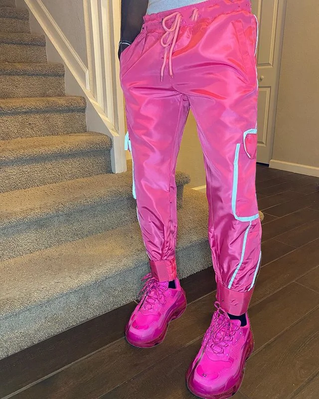 Neon Pink High Waisted Windbreaker Pants Pro Club Womens''s