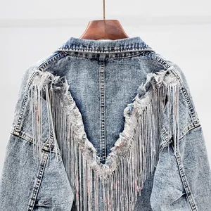 Denim Jacket Women's New Spring Fall 2025 Y2K Sequined Fringe Loose Slim Cropped Top Clothes Women