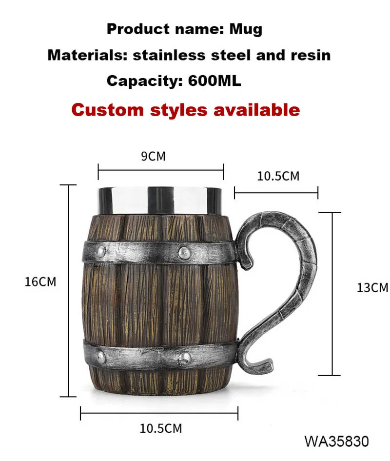 Personality Simulation Wooden Barrel Viking Resin Mug One Piece Cup Stainless Steel Beer Tea Cups Bar Wooden Beer Mug